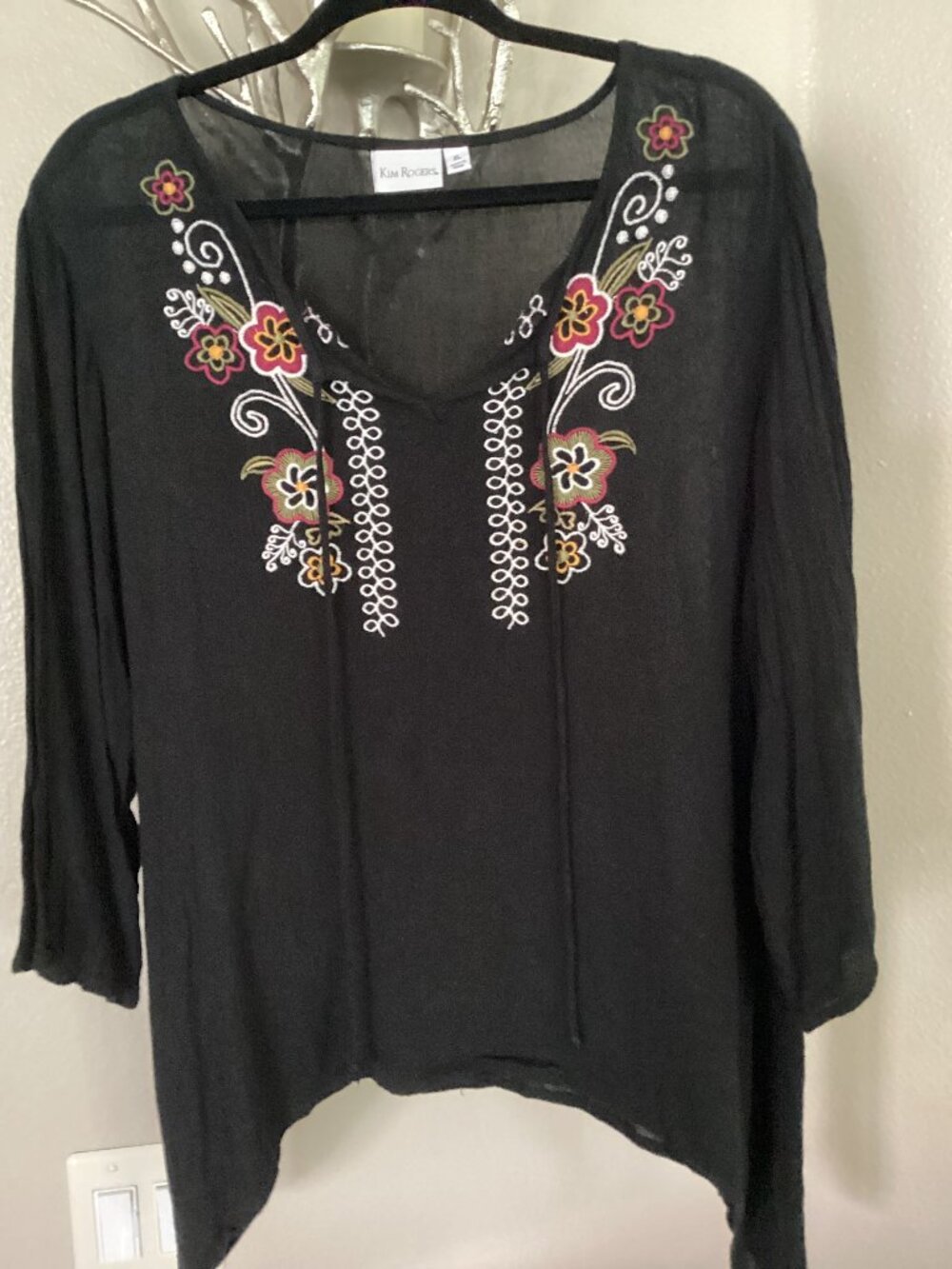 Kim Roger's Black Embroidered Tunic, Top, Blouse, Size XL